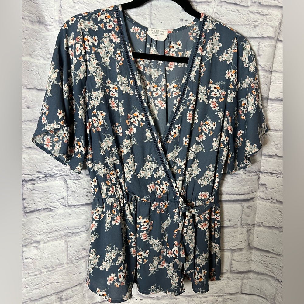 Sienna Sky Blue Floral Wrap Top with White & Peach Accents